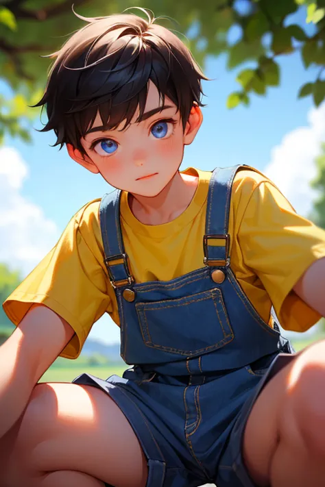 1boy, young little british boy in overalls with shorts and a yellow shirt underneath, dynamic bending on knee poses, glowing blu...