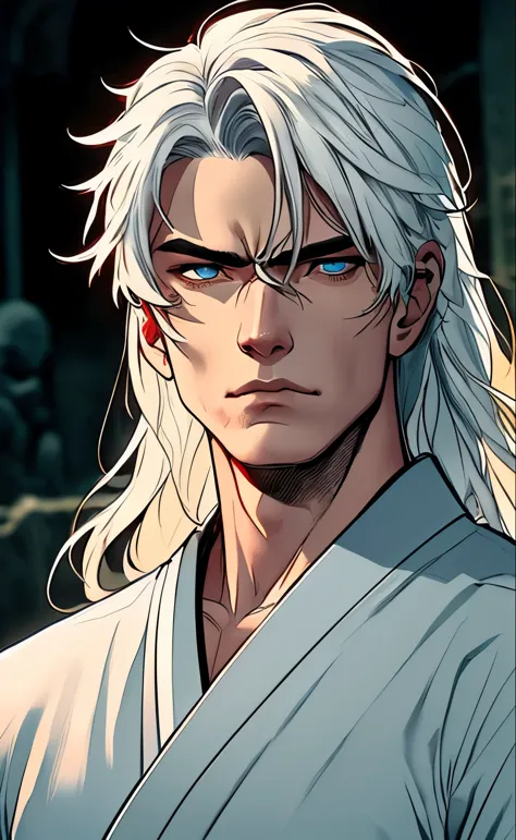 (man, long white hair, white kimono with lilies, white skin, blue eyes, death, battle fan, skinny, pronounced cheekbones, japane...