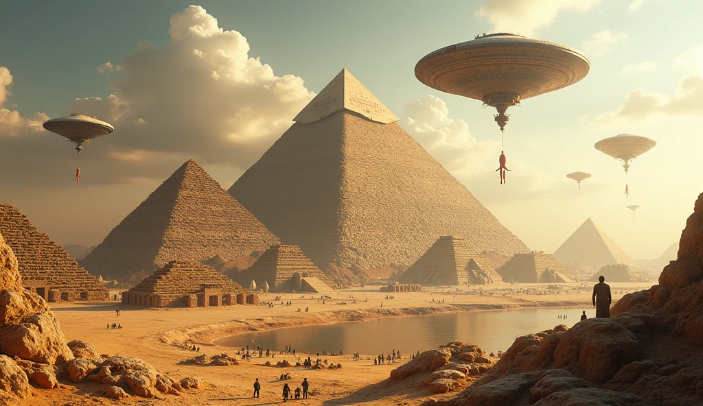 Super realistic illustration, Detailed Fantasy art, 3D rendering, Ancient Egyptian architecture, the banks of the Nile, a variety of buildings and huge monuments, stonework, coexistence of humans and aliens, UFOs hovering in the sky transporting stones for the pyramid construction, panorama, perspective effect by ultra-wide-angle lens, rule of thirds, Epic scenery, production that gives a sense of movement