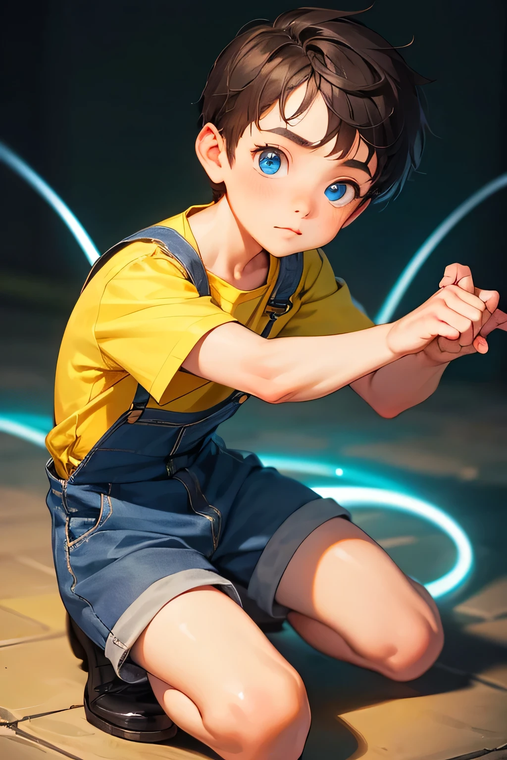 1boy, young little british boy in overalls with shorts and a yellow shirt underneath, dynamic bending on knee poses, glowing blue eyes, outdoor, close-up