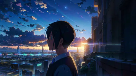 anime scene of an abandoned city under blue sky, anime drawing by makoto shinkai, topics on pixiv, magic realism, beautiful anim...