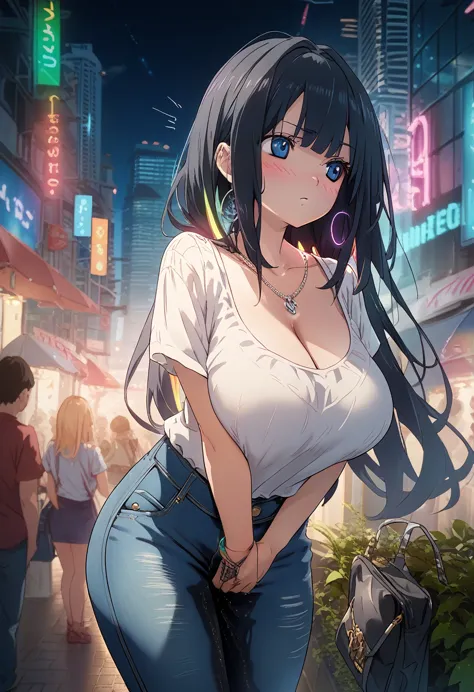 1girl, woman, mature, wetting self, desperation, very long hair, straight hair, medium bangs, huge breasts, black hair, blue eye...