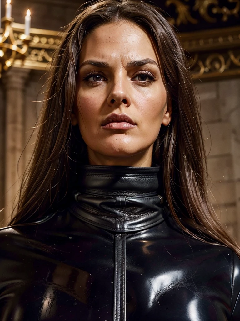 Close-up portrait of a tall german dominatrix looking at us, POV, very tanned skin, extra long brown wavy hair, huge saggy breasts hanging down, grey eyes, angry facial expression, long leather opera gloves, high tight leather collar, (age 35 yo), long slim face, sacred altar, extremely slim waist, small head