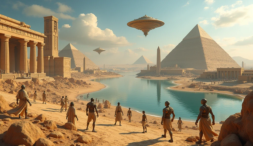 Super realistic illustration, Detailed Fantasy art, 3D rendering, Ancient Egyptian architecture, the banks of the Nile, a variety of buildings and huge monuments, stonework, coexistence of humans and aliens, UFOs hovering in the sky transporting stones for the pyramid construction, panorama, perspective effect by ultra-wide-angle lens, rule of thirds, Epic scenery, production that gives a sense of movement