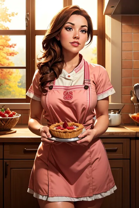 a cute woman (2, cute chef outfit) presenting a strawberry pie to the viewer, cozy kitchen, photorealistic, 8k, masterpiece, hig...