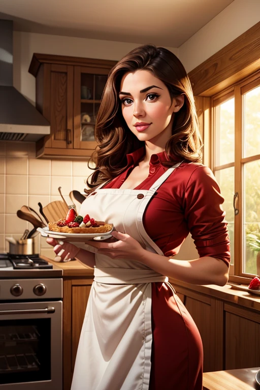 a cute woman (2, cute chef outfit) presenting a strawberry pie to the viewer, cozy kitchen, photorealistic, 8k, masterpiece, highly detailed, realistic lighting, warm color tones, soft focus, cinematic composition, beautiful detailed eyes, beautiful detailed lips, extremely detailed face, long eyelashes, charming expression, standing pose, intricate details, glossy strawberry pie, stainless steel kitchen appliances, wooden countertop, tiled floor, sunlight streaming through window, food photography