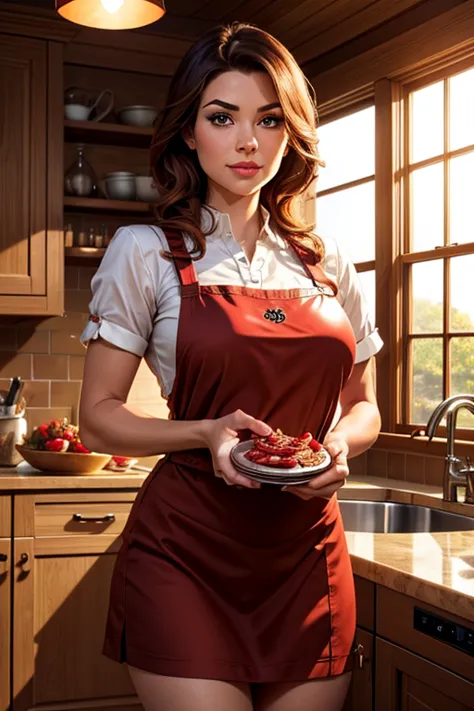 a cute woman (2, cute chef outfit) presenting a strawberry pie to the viewer, cozy kitchen, photorealistic, 8k, masterpiece, hig...