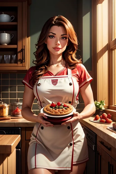 a cute woman (2, cute chef outfit) presenting a strawberry pie to the viewer, cozy kitchen, photorealistic, 8k, masterpiece, hig...