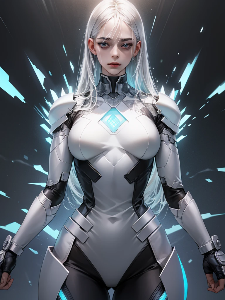 A portrait of a damaged android standing poised against a minimalist backdrop, exuding a sense of melancholic resilience. Her athletic, streamlined body showcases a striking contrast between sleek metallic silvers and patches of intact synthetic skin with a cool, pale hue that closely mimics human flesh. The left side of her face is torn away, revealing an intricate network of gleaming silver circuitry and delicate wires pulsating with a soft, pale blue light, while her right eye maintains a luminous, glowing pale blue gaze filled with subdued emotion. Sparks of bright white intermittently flicker from exposed circuits along her neck and shoulder, hinting at internal struggles and ongoing repairs. Her form-fitting attire, tattered and scorched, clings to her figure in shades of deep black and dark gray, further emphasizing the juxtaposition between her human-like appearance and mechanical nature. She stands in a subtle contrapposto pose, with one hip slightly cocked and an arm extended gracefully, metallic fingers splayed delicately as if reaching for something lost. The simple background transitions through gradients of dark to light gray, ensuring all attention remains on the intricate and poignant details of her form. The harmonious blend of cool metallic silvers, deep blacks, glowing pale blues, dark grays, and soft white accents encapsulates the android's complex identity and evokes a profound sense of introspection and sorrow.