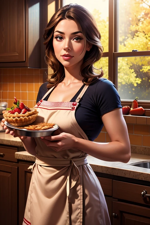 a cute woman, 2, cute chef outfit, presenting strawberry pie, cozy kitchen, photorealistic, 8k, masterpiece, highly detailed, realistic lighting, warm color tones, soft focus, cinematic composition, beautiful detailed eyes, beautiful detailed lips, extremely detailed face, long eyelashes, charming expression, standing pose, intricate details, glossy strawberry pie, stainless steel kitchen appliances, wooden countertop, tiled floor, sunlight streaming through window, food photography