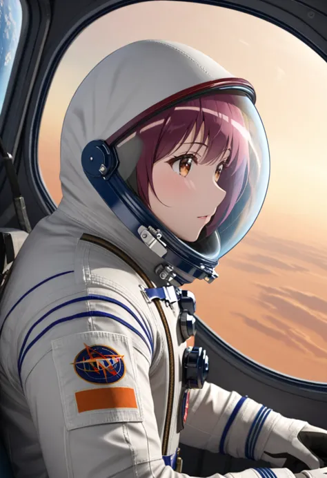 ((female pilot in the cockpit of a reconnaissance plane), (airplane cockpit), (in flight), (10000 feet altitude)、(sky view):1.7)...