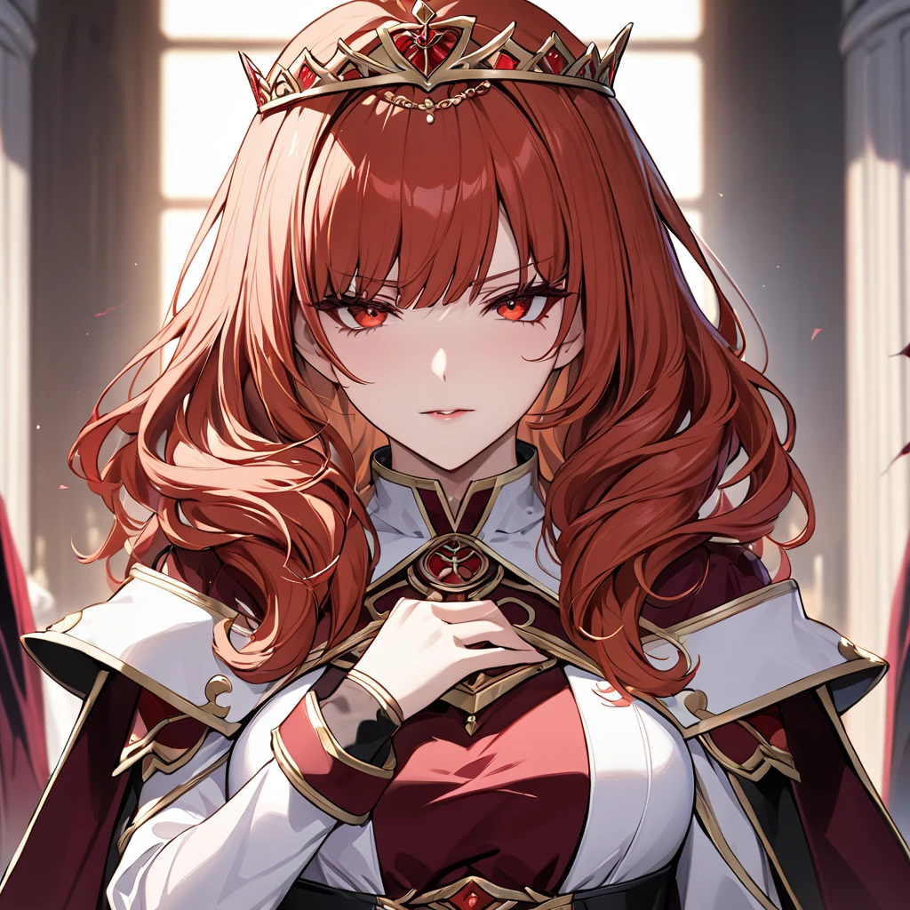 ((Highest quality)), ((masterpiece)), (detailed), （Perfect Face）The woman is a Celica with red hair.、The woman turns to evil, becomes a member of an evil organization, and becomes the queen of evil.