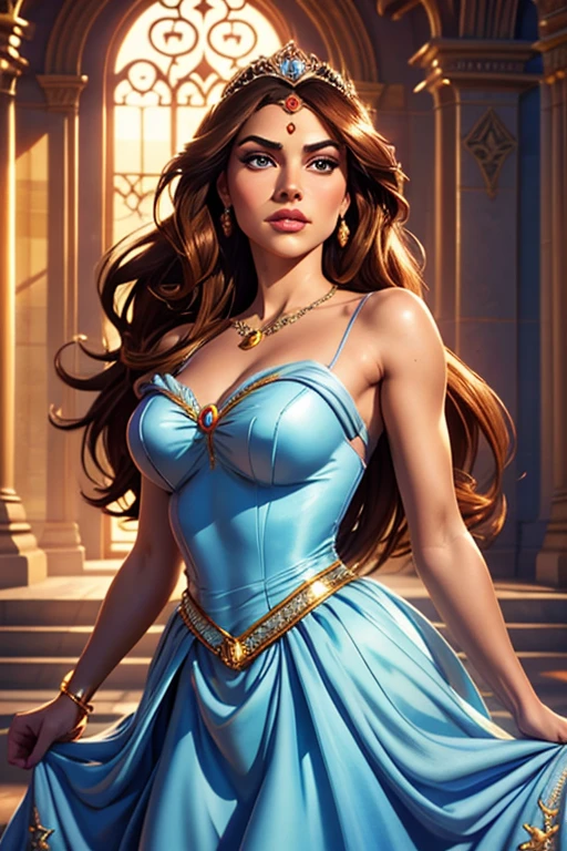 realistic princess safire from ribbon no kishi, 1girl, beautiful detailed eyes, beautiful detailed lips, extremely detailed face, long flowing hair, elegant dress, cinderella-style gown, tiara, jewelry, castle background, sunlight, warm colors, dramatic lighting, intricate details, photorealistic, 8k, high quality, masterpiece, digital painting