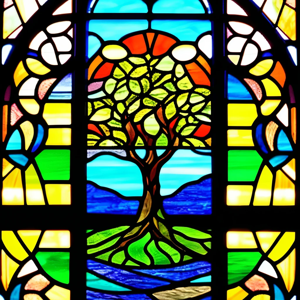 a close up of a stained glass window with a tree in it, stained glass art, (art nouveau), ( art nouveau ), beautiful stained glass window, stained glass, stained glass!!, by Louis Comfort Tiffany, maxim verehin stained glass, art nouveau, stain glass, stained glass window!!!!!, backlit stained glass, intricate stained glass, art nouveau!