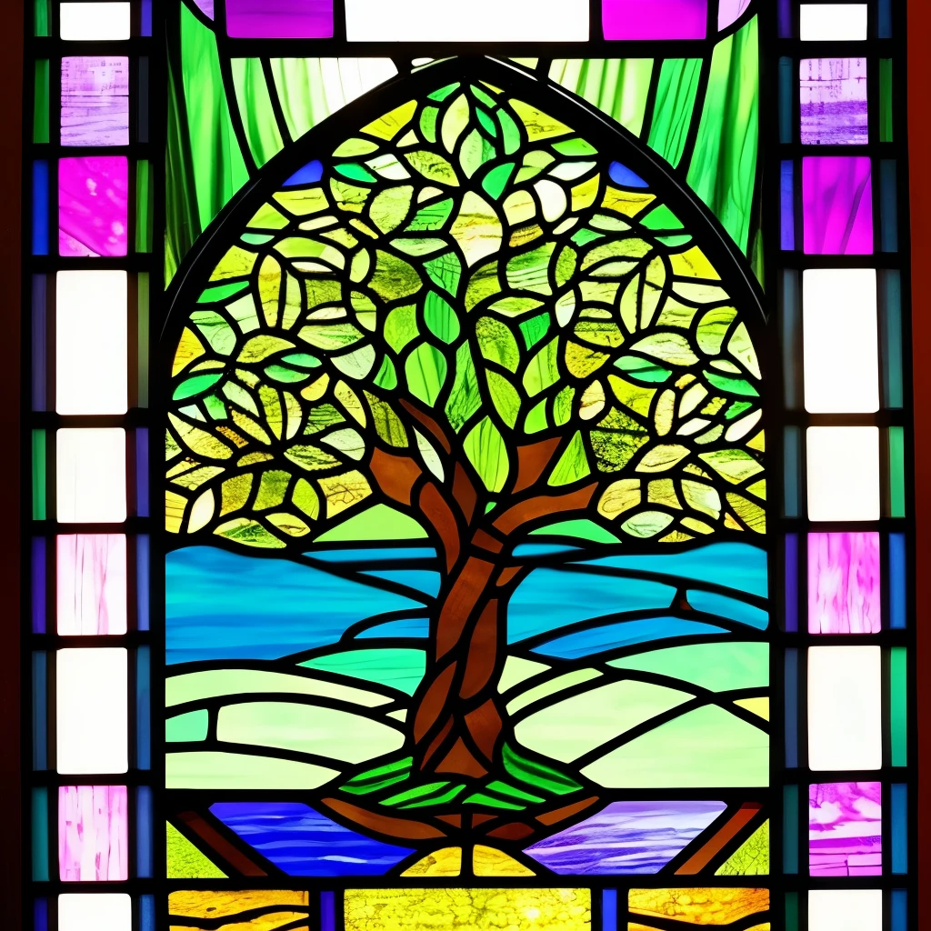 a close up of a stained glass window with a tree in it, stained glass art, (art nouveau), ( art nouveau ), beautiful stained glass window, stained glass, stained glass!!, by Louis Comfort Tiffany, maxim verehin stained glass, art nouveau, stain glass, stained glass window!!!!!, backlit stained glass, intricate stained glass, art nouveau!