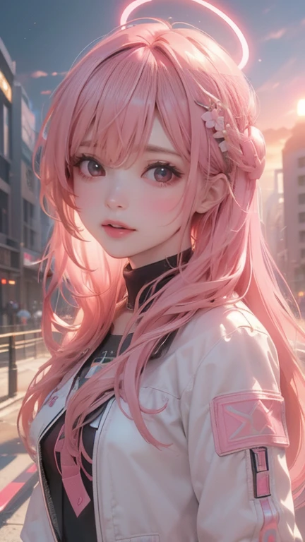 ((masterpiece, best quality, Extremely detailed), Volumetric Lighting, Ambient Occlusion, rich and colorful, Luminescence), 
1 Girl, Solitary, Young Girls, (Pink Hair), Long hair, Halo, Halo, sacred, Divinity, Network Package, Android, , 
outdoor, Sunset, Sky, cloud, space, (Cyberpunk theme:1.2),