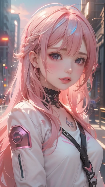 ((masterpiece, best quality, Extremely detailed), Volumetric Lighting, Ambient Occlusion, rich and colorful, Luminescence), 
1 Girl, Solitary, Young Girls, (Pink Hair), Long hair, Halo, Halo, sacred, Divinity, Network Package, Android, , 
outdoor, Sunset, Sky, cloud, space, (Cyberpunk theme:1.2),