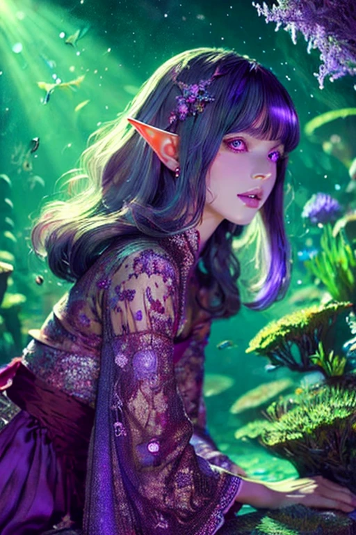 a detailed fantasy illustration of a girl with ultra-detailed face, looking away, in a gothic, ukiyo-e, comic art style, with rich colors

an underwater scene 10 meters below the surface, looking up at the glaring sunlight beaming through the water

a melancholic dark elf woman with silver hair, blunt bangs, disheveled long hair, and dark purple skin, lavender eyes, wearing a lacy silk red smock dress, barefoot