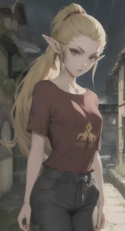 Modern Hylian, Hylia, blonde, red eyes, looking at viewer, POV, T-shirt, pants, ponytail braids hairstyle, current era, Hyrule city,