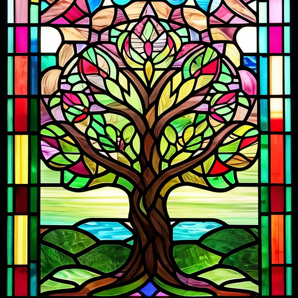 a close up of a stained glass window with a tree in it, stained glass art, (art nouveau), ( art nouveau ), beautiful stained glass window, stained glass, stained glass!!, by Louis Comfort Tiffany, maxim verehin stained glass, art nouveau, stain glass, stained glass window!!!!!, backlit stained glass, intricate stained glass, art nouveau!