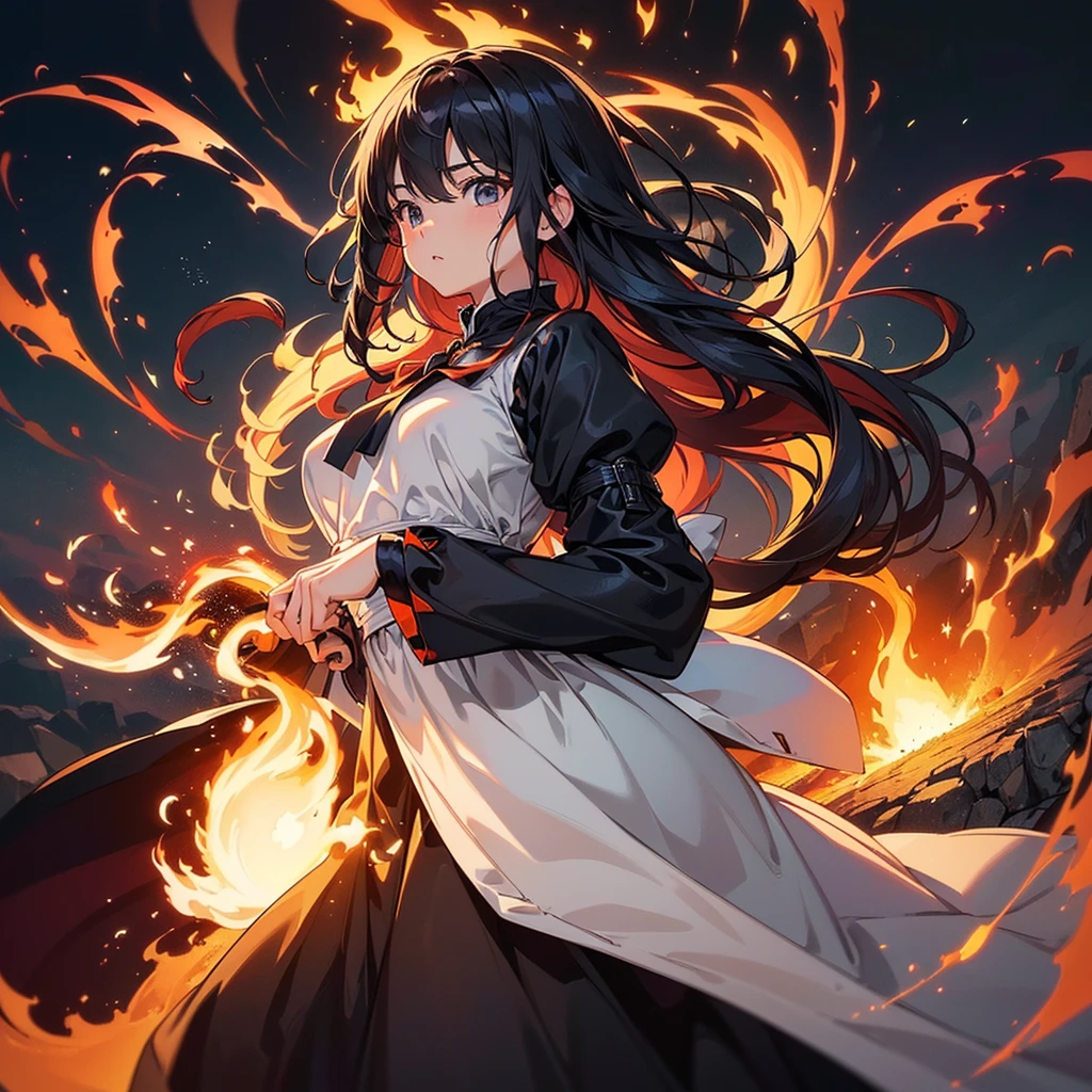 1girl,Perfect Anatomy、(((Highest quality、Masterpiece、Official Art、Super detailed、Award-winning works、Delicate hair、The best composition)))、Anime Style、power of fire、The most beautiful fire art in the world、Fire splashes rising from the earth&#39;s crust、The power of the earth、