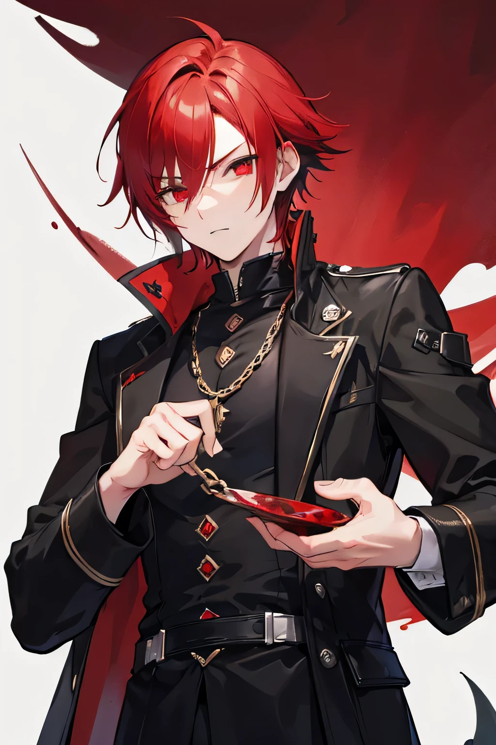 boy,naughty man,grown-up,Red hair,shorth hair,slickedback hair,Eyes red,demon eyes,tusk, bloodthirsty,black clothing,long overcoat,
