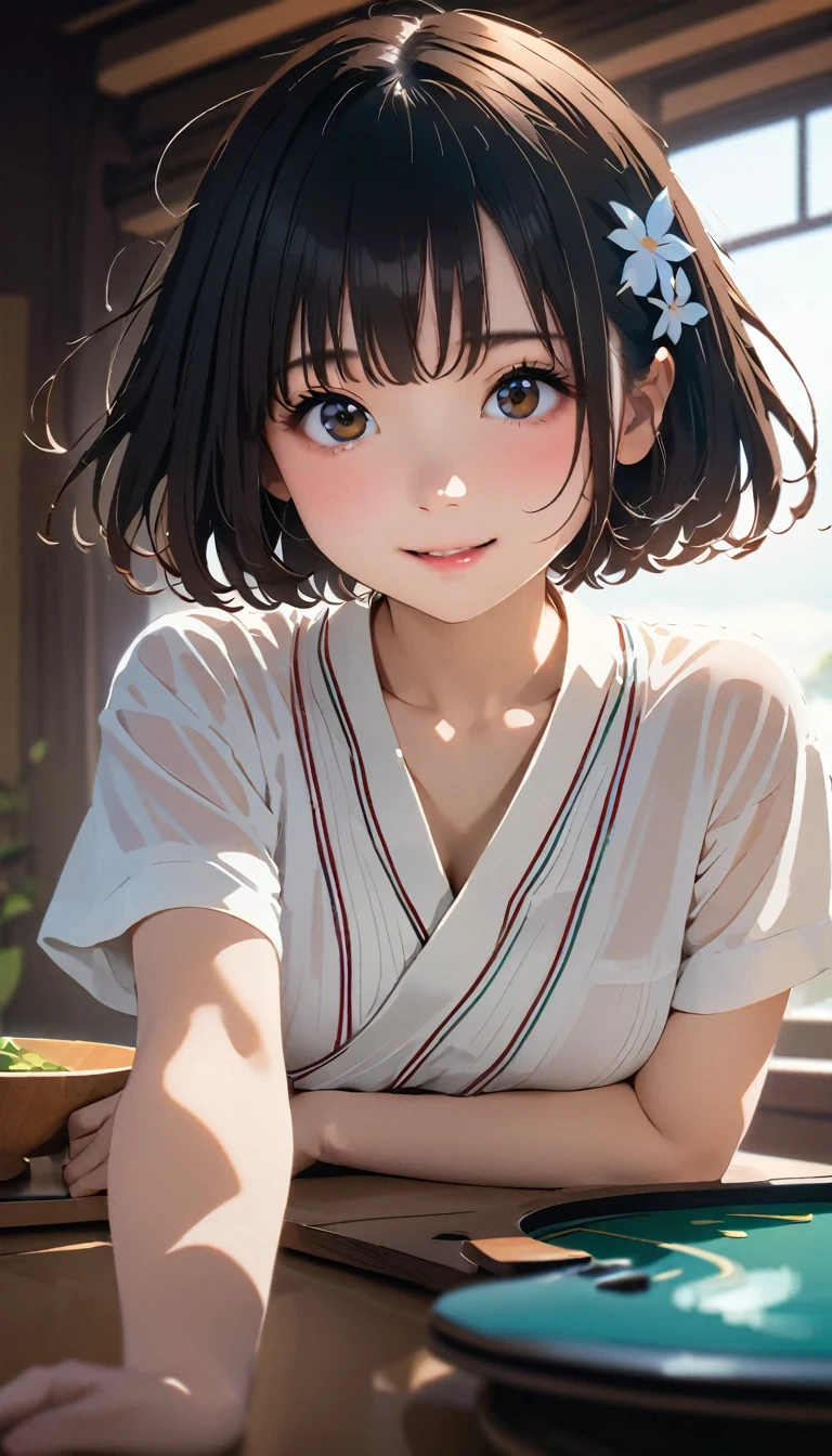 The hakama is vermilion、Her hair is shiny black.、Shrine maiden、White kimono with vermilion hakama、Directly facing、smile、hair ornaments、(masterpiece, Highest quality:1.2), 1 girl, alone、(Tabletop, Highest quality:1.2), 8k, 1, 85mm, Official Art, RAW Photos, absurdes, Cute Face, Viola Lace, Gardenia, beautiful girl,  Squeeze the waist, Thighs, Short sleeve, short hair、short hair,No makeup, (smile:0.4), Film Grain, chromatic aberration, Sharp focus, Face Light, Bright lighting, Teen, Detailed face、Spreading grassland、Standing on the Horizon、My hair is blowing in the wind