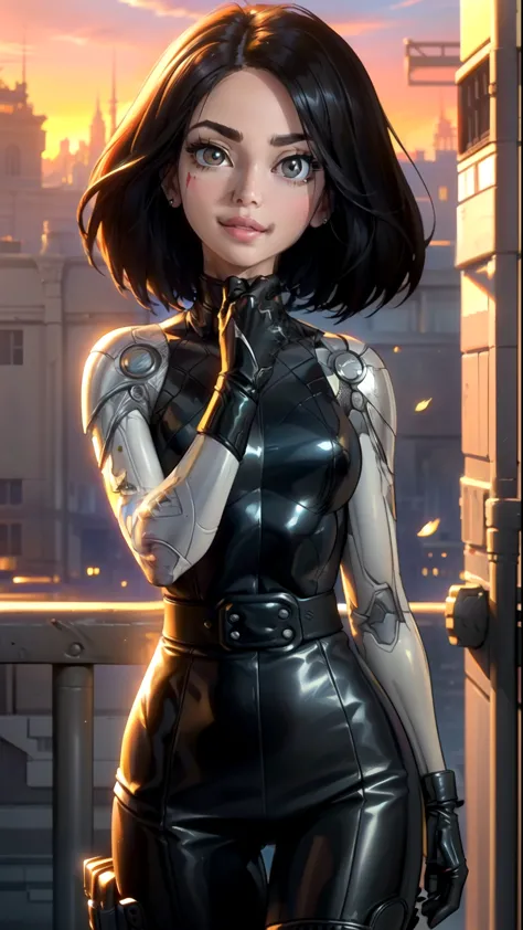 ((ultra quality)), ((masterpiece artwork)), alita battle angel, ((blackw, shorth hair)) (beautiful cute face), (beautiful female...