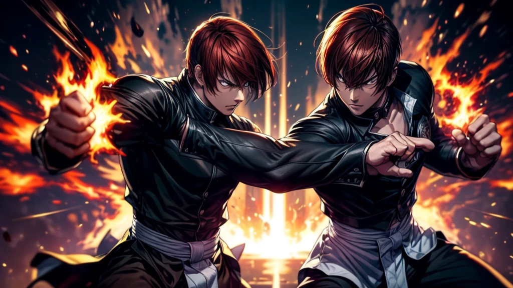 Two martial artists in a dramatic battle pose, surrounded by dynamic energy effects. The first fighter has short brown hair, wearing a black outfit with a glowing sun emblem, and is channeling fiery energy through his fists. The second fighter has red hair, wearing a black and white outfit, and is surrounded by dark, purple flames. Both characters are engaged in an intense fight, their energy clashing in the center of the scene. The background is dark, emphasizing the glowing energy and the intensity of the battle.