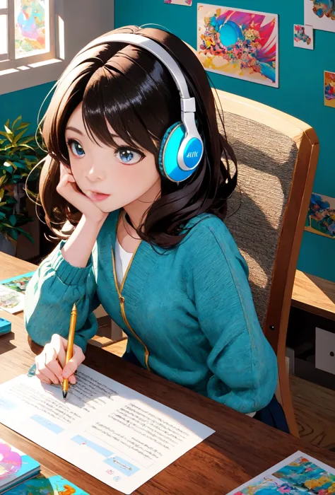 anime girl sitting at desk with headphones on writing, animation style 4 k, digital animation illustration, digital animation ar...