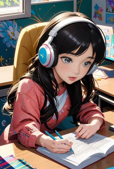 anime girl sitting at desk with headphones on writing, animation style 4 k, digital animation illustration, digital animation ar...