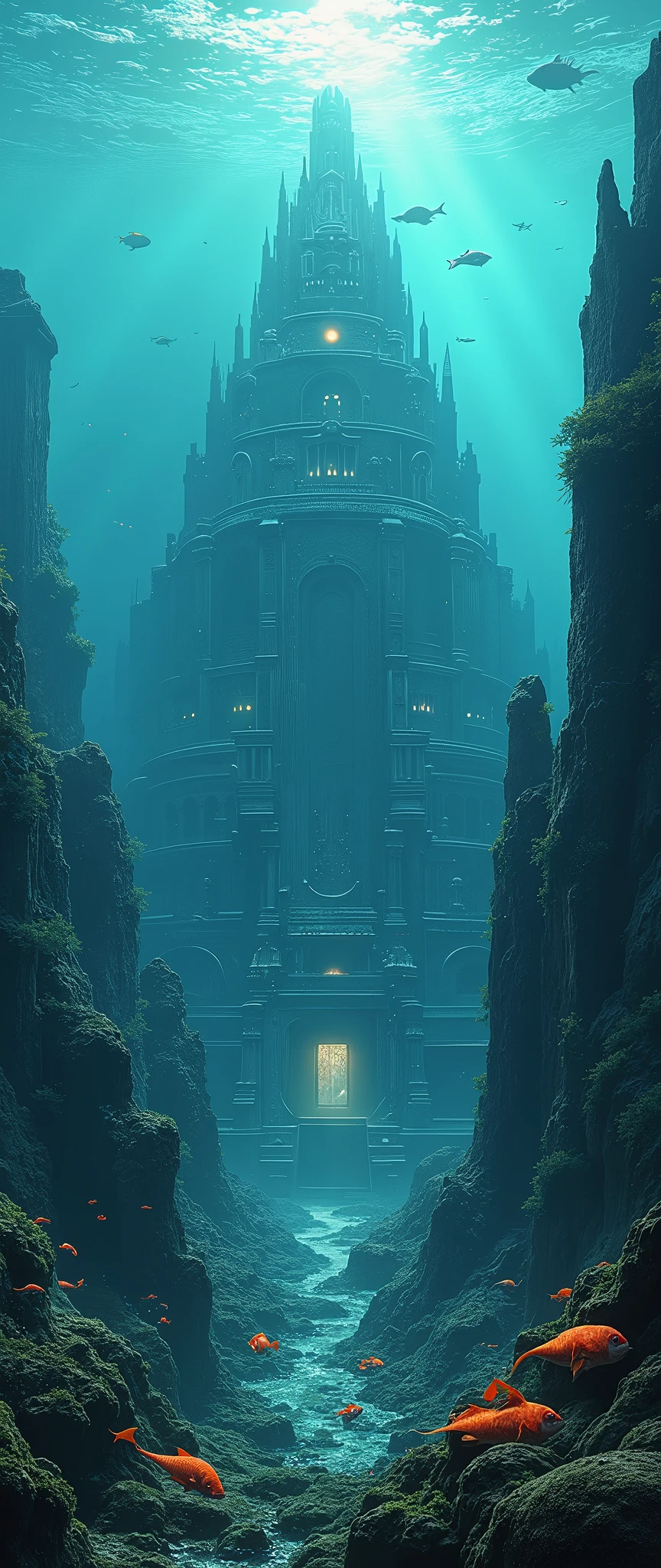 Atlantis, a huge ancient city sunk at the bottom of the deep deep sea, Ancient Architecture but advanced culture and civilization can be seen, very beautiful Ancient Architecture, deep sea fish can be seen , landscape photo,very realistic image, beautiful Architecture, Panoramic view from high above,beautiful sea