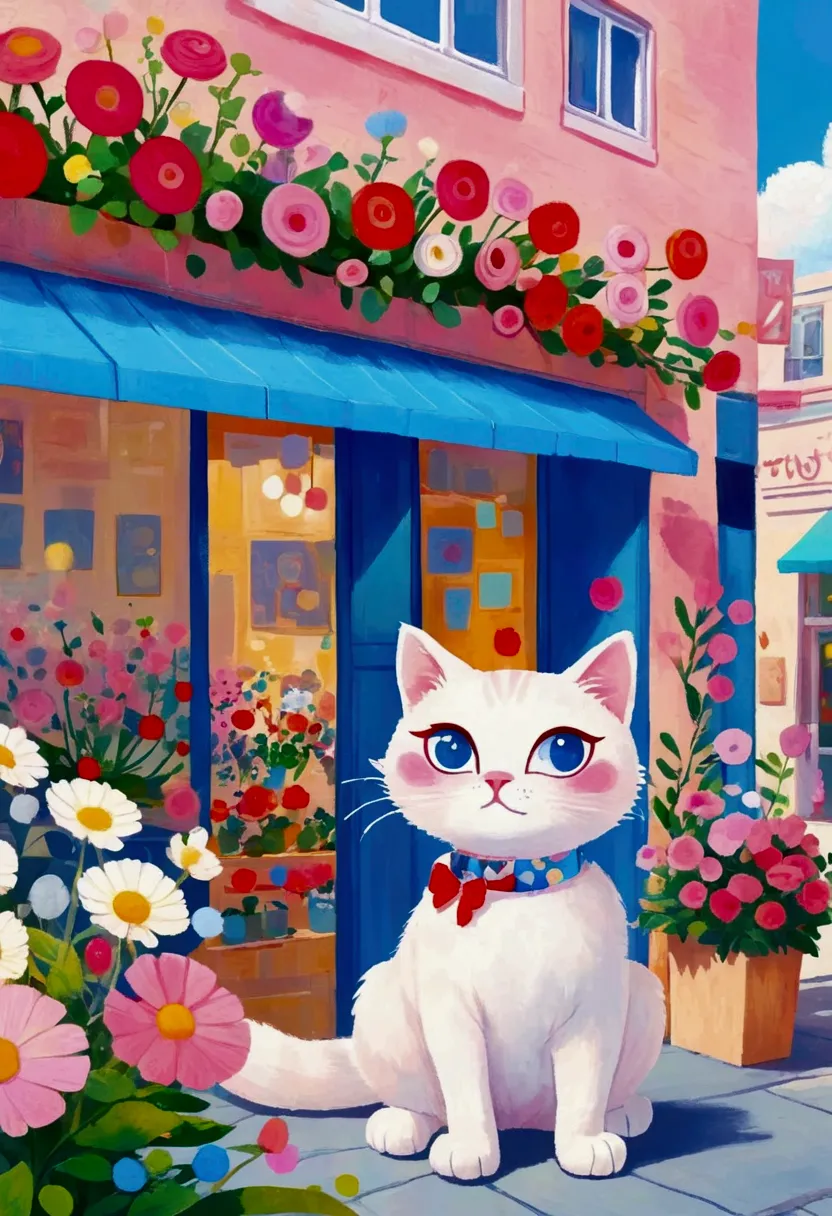 pastel art，a painting： white cat with pink cheeks, sitting in front of a pink shop with squares, blue storefront, large windows,...