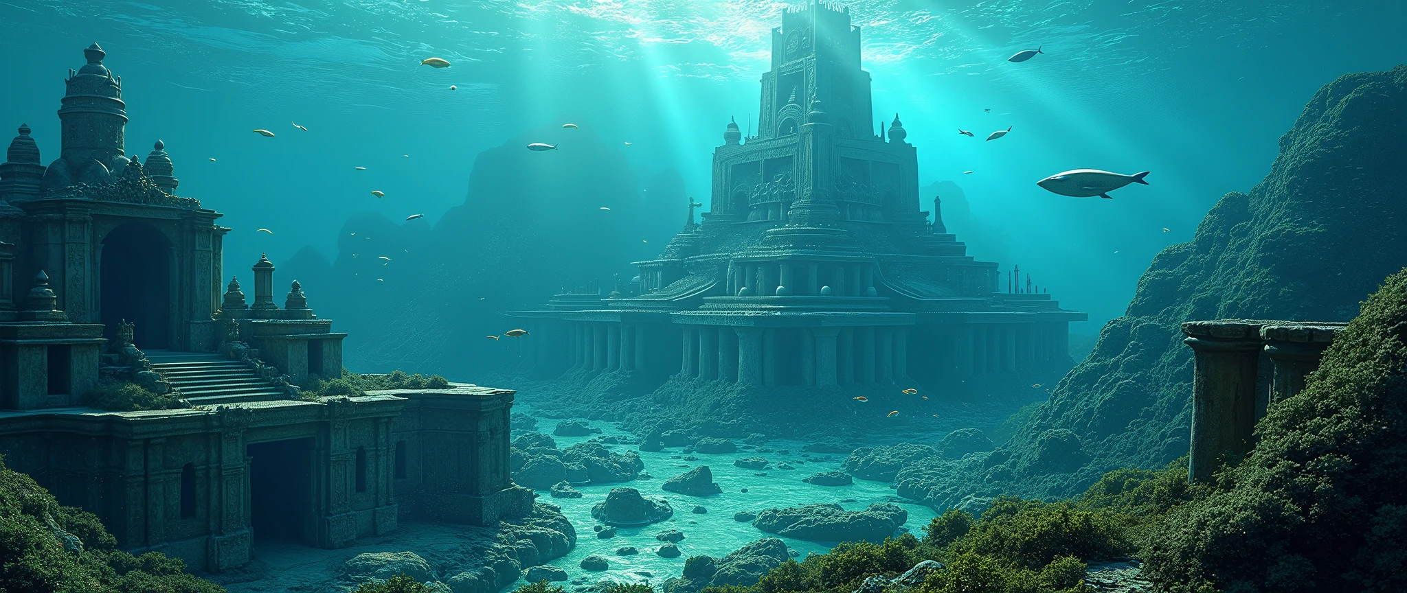 Atlantis, a huge ancient city sunk at the bottom of the deep deep sea, Ancient Architecture but advanced culture and civilization can be seen, very beautiful Ancient Architecture, deep sea fish can be seen , landscape photo,very realistic image, beautiful Architecture, Panoramic view from high above,beautiful sea