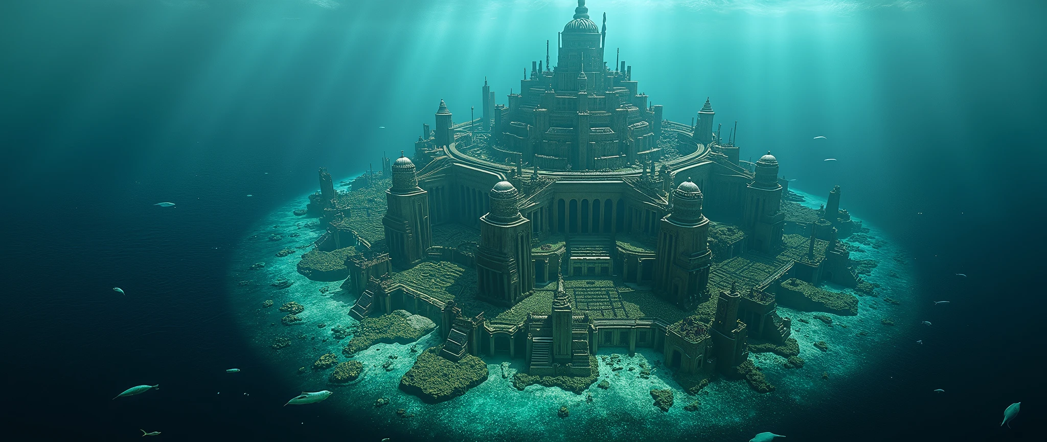 Atlantis, a huge ancient city sunk at the bottom of the deep deep sea, Ancient Architecture but advanced culture and civilization can be seen, very beautiful Ancient Architecture, deep sea fish can be seen , landscape photo,very realistic image, beautiful Architecture, Panoramic view from high above,beautiful sea