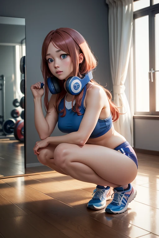 high quality image, No blur, (Miku Nakano) A cute girl full body, backwards, with blue eyes, with headphones, with fitted sportswear, lifting weights in a gym with his reflection in the mirror in the background 