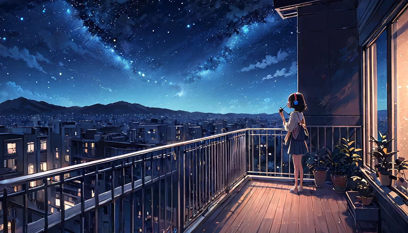 Listening to jazz music with headphones。girl,Watching the night sky from the balcony, alone, Lofty Girl, Lofi Art Style, Lofty Girl aesthetic, ghailan, Anime aesthetics, relaxed mood, Lo-fi illustration style