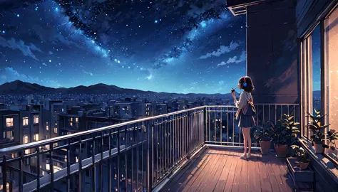 listening to jazz music with headphones。girl,watching the night sky from the balcony, alone, lofty girl, lofi art style, lofty g...