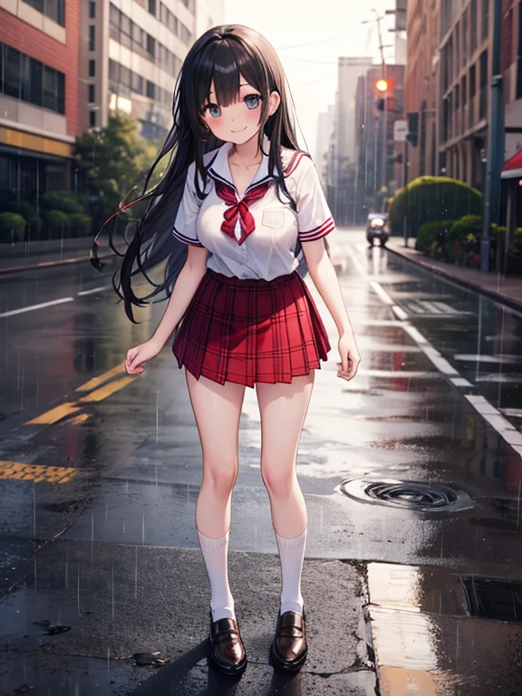 Girl, cute, adorable, smiling, straight hair, long hair, black hair, school uniform, short sleeve, cleavage, red plaid pattern pleated mini skirt, white loose socks, long socks, looking at the camera, from thighs to head, standing, rain