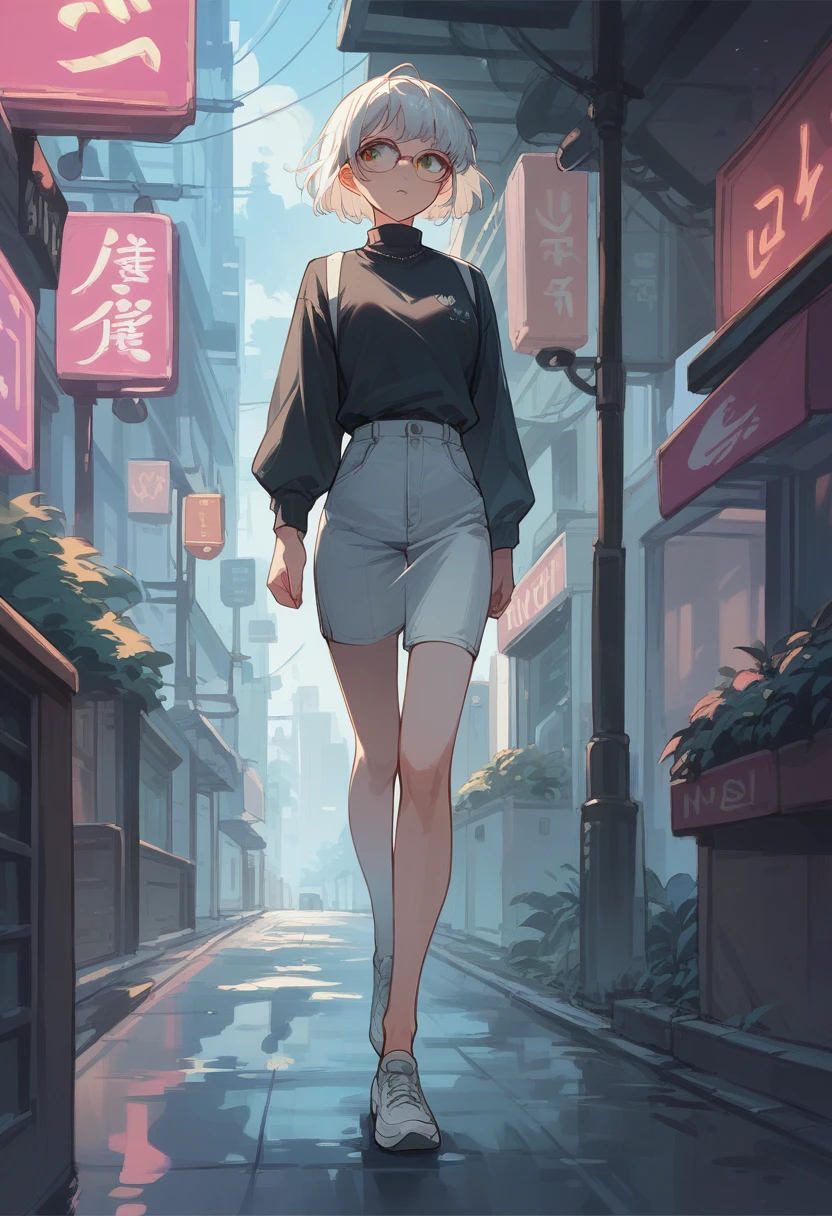 neon, beautiful anime girl, short hair, White hair, glasses, walking