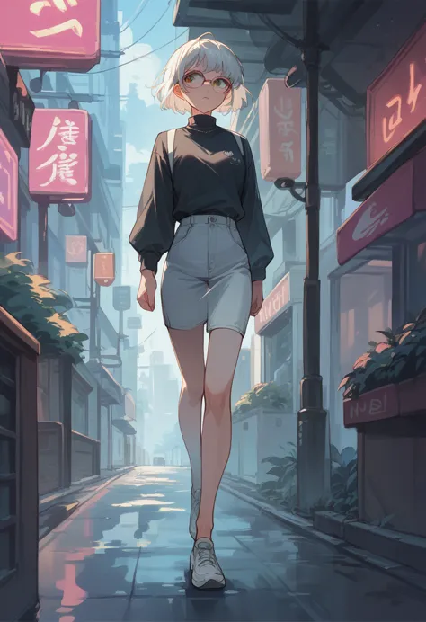 neon, beautiful anime girl, short hair, white hair, glasses, walking