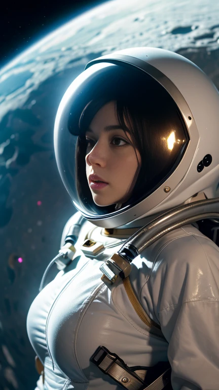 a girl ,beautiful breasts, in spacesuit, space helmet glass, moon ground, medium long body shot, cinematic dynamic pose