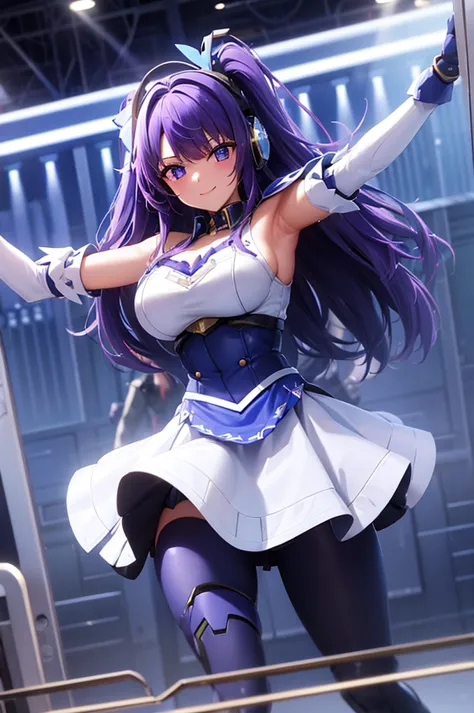 mecha wings、white and blue skirt、thighs、tights、chest、purple hair、1 girl、solo girl、is、frame arms girl、alice gere aegis、blue armor...