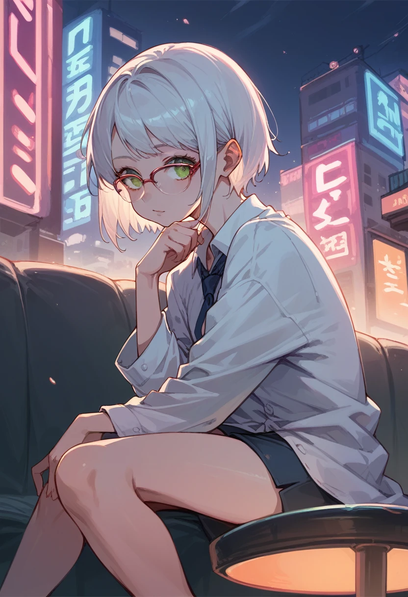 neon, beautiful anime girl, short hair, White hair, glasses, sitting