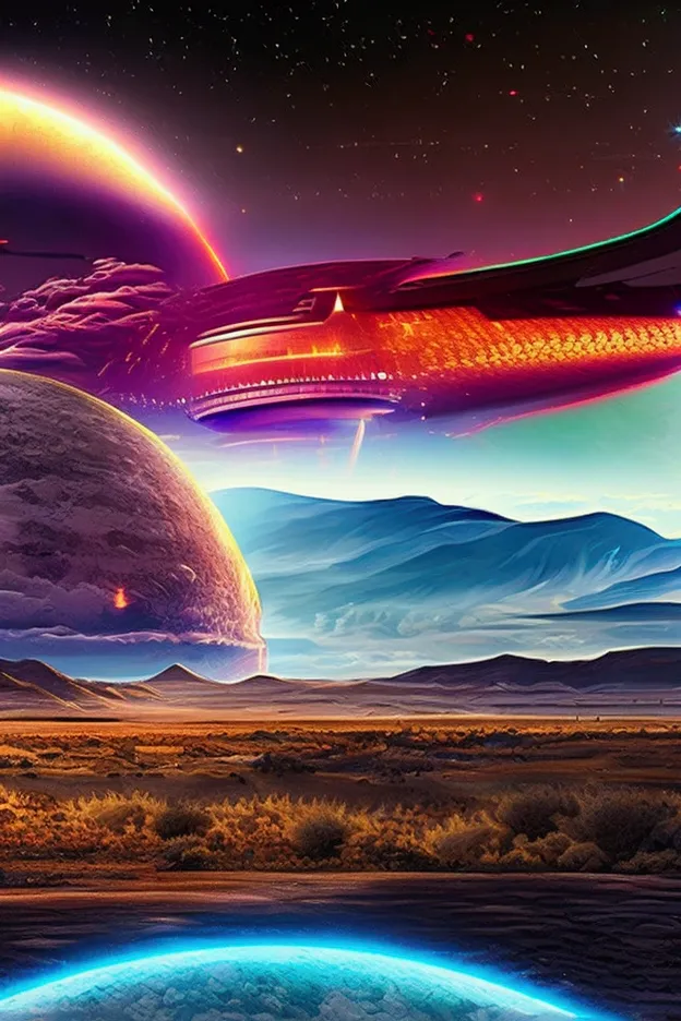 shiny ufo, intense explosion, spaceship attack, rocky alien landscape, dramatic skies, neon lighting, surreal atmosphere, cinema...