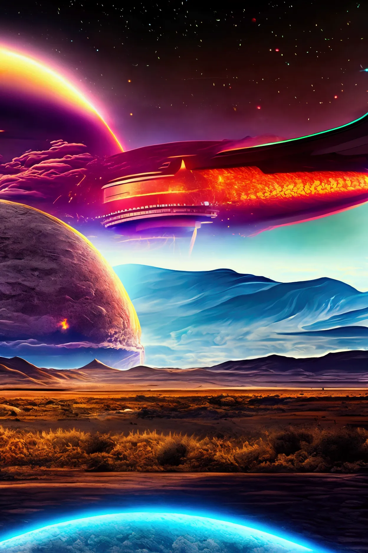 shiny ufo, intense explosion, spaceship attack, rocky alien landscape, dramatic skies, neon lighting, surreal atmosphere, cinema...