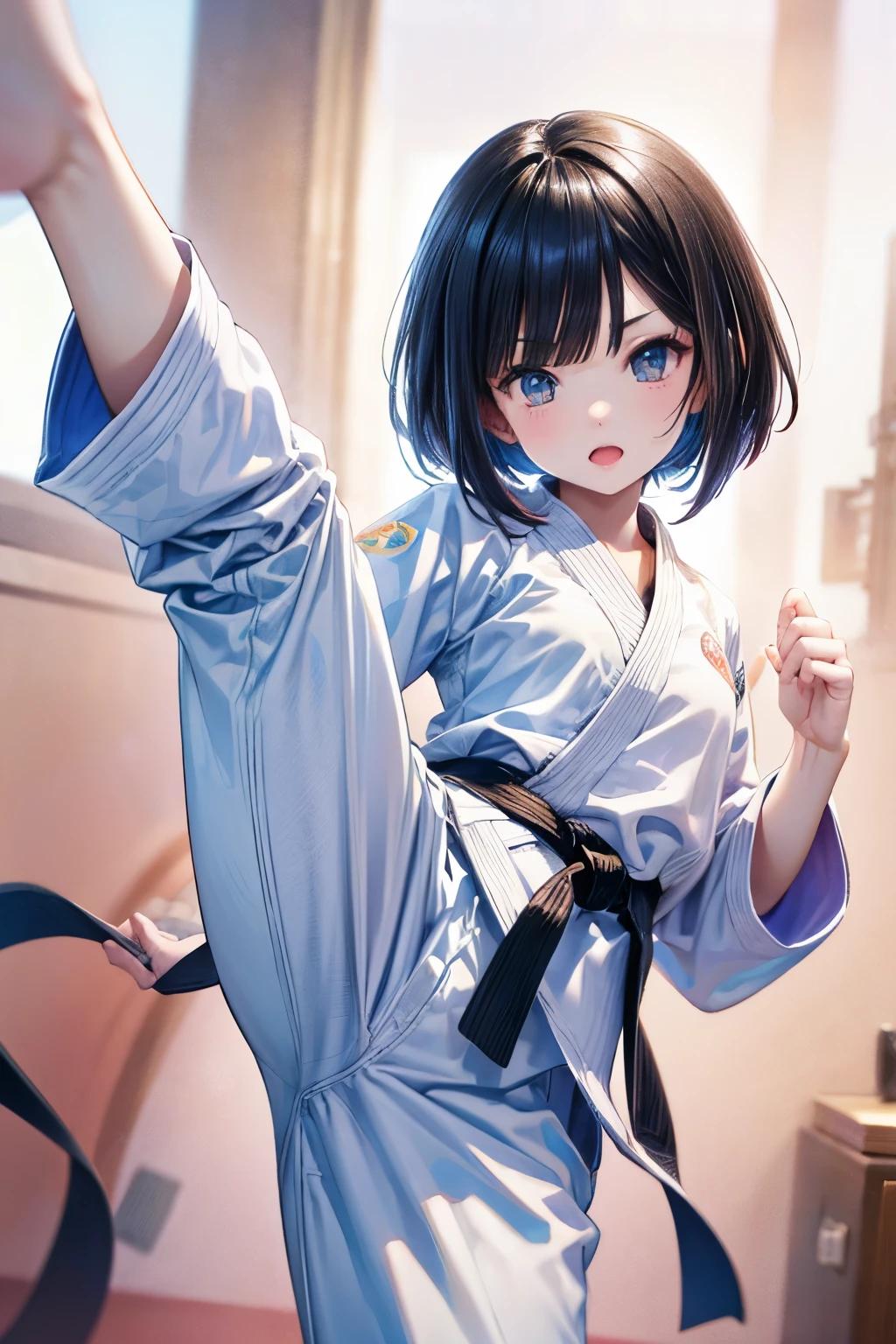 Karate Girl、High Kick、Black hair bob cut、White karate pants