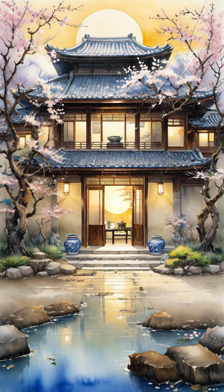 In the courtyard of ancient building.The sun shines under the cherry blossom trees,gently illuminates the entire scene,To present a harmonious fusion of natural beauty and artistic charm。Watercolor painting with elegance、Quiet style expresses natural scenery,Integrate the essence of oriental art into it skillfully。Smooth strokes of ink、Elegant tones and rustic paper texture,Together we create a peaceful and peaceful artistic atmosphere.。The overall effect appropriately reflects the inner charm of oriental art。