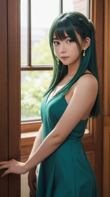 Highest quality (8k, High resolution, masterpiece: 1.2), Very detailed, Anime art style, Dynamic Angle, Teen Style, (China dress, Exposed shoulders, Earrings, indoor,), Detailed green hair, Detailed blue eyes, Complicated hairstyle, Long Hair , The body is slim, Sparkling eyes, like々Shii, hair accessory, Earrings, Half Up, Slightly blunt bangs, Detailed lighting, Bright colors, Looking at the audience, Center the image, Cowboy Shot,