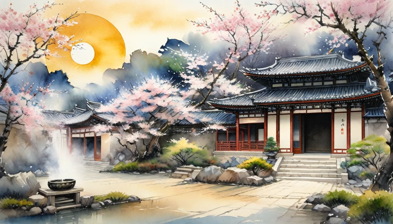 In the courtyard of ancient building.The sun shines under the cherry blossom trees,gently illuminates the entire scene,To present a harmonious fusion of natural beauty and artistic charm。Watercolor painting with elegance、Quiet style expresses natural scenery,Integrate the essence of oriental art into it skillfully。Smooth strokes of ink、Elegant tones and rustic paper texture,Together we create a peaceful and peaceful artistic atmosphere.。The overall effect appropriately reflects the inner charm of oriental art。